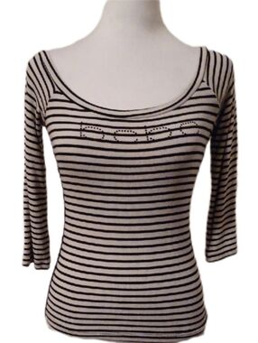 << BEBE Black & White Striped Scoop Neck Top Women's Size Medium